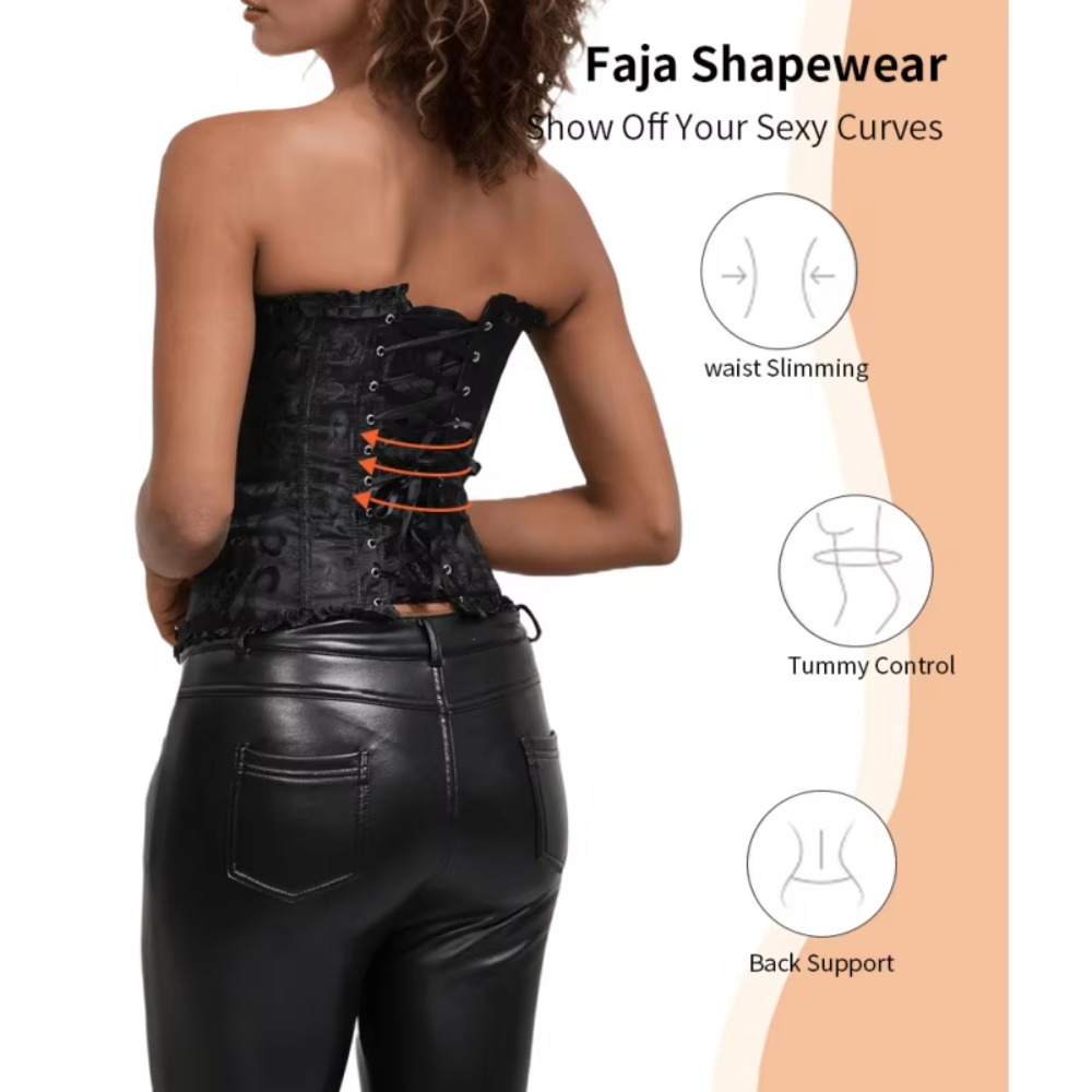 Boning Corset Steel - ชุดกระชับสัดส่วนแบบรัดเอว ซิป แจ็คการ์ด ผ้าลูกไม้รัดเชือก โครงเหล็กเสริมความแข็งแรง ผ้าแจ็คการ์ด