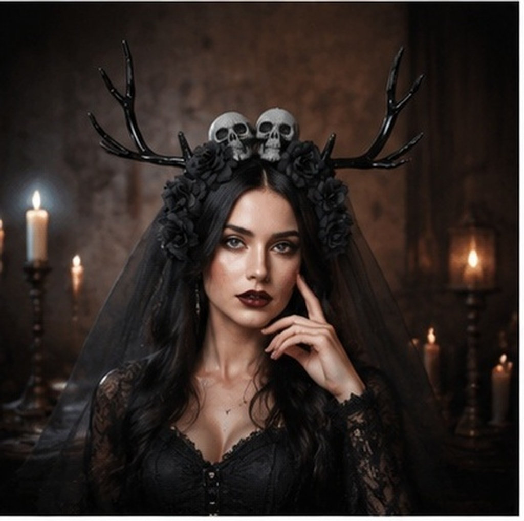 Easy Cosplay Prop - ที่คาดผมเขากวางสำหรับผู้หญิง คอสเพลย์ฮาโลวีน เครื่องประดับสไตล์โกธิค ตกแต่งลายหัวกะโหลกและดอกกุหลาบ น้ำหนักเบา สวมใส่สบาย