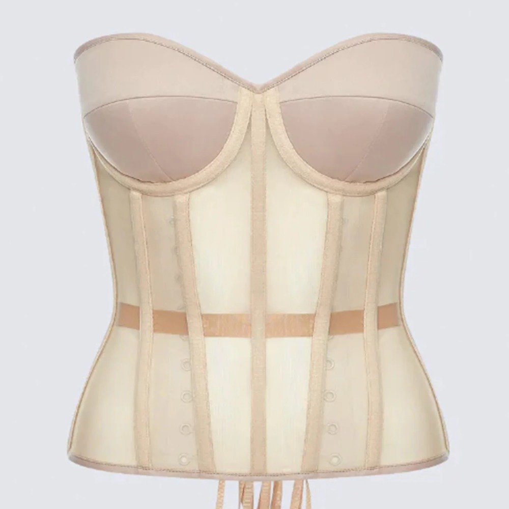 Boning Corset Steel - ผู้หญิงรัดตัว Bustier Tops ชุดชั้นในเซ็กซี่โปร่งใสตาข่าย Lace Up
